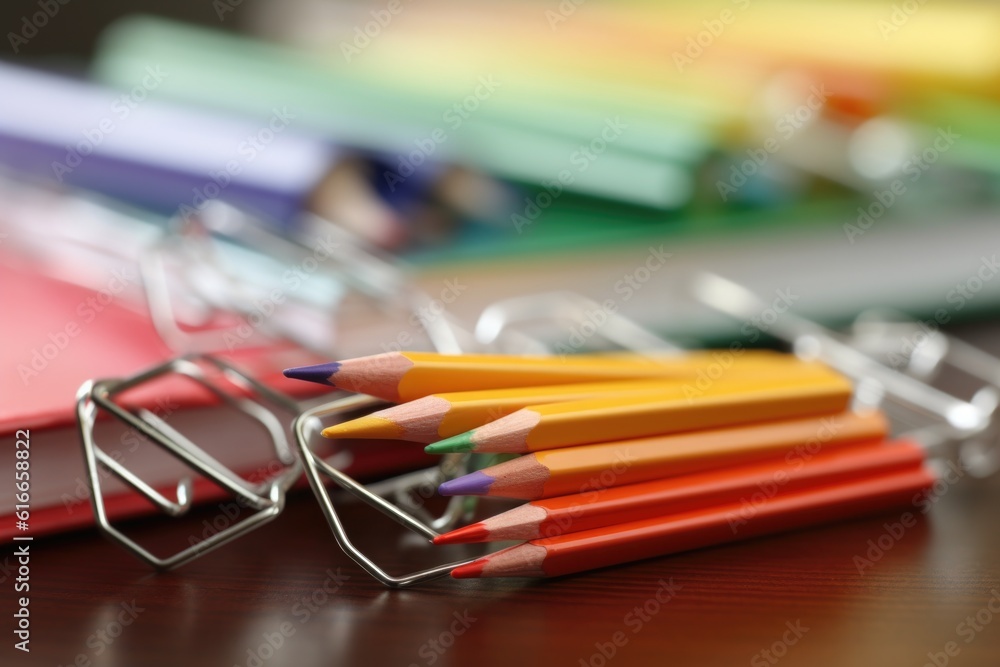 close-up of school supplies, with focus on paperclips and pens, created with generative ai close-up of school supplies, with focus on paperclips and pens, created with generative ai