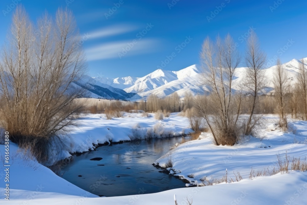 Obraz premium serene winter landscape with snow, mountains and trees, created with generative ai