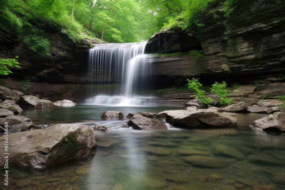 serene landscape with a waterfall cascading down the rocks, created with generative ai serene landscape with a waterfall cascading down the rocks, created with generative ai