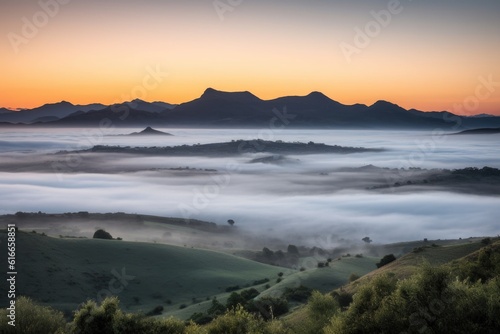 misty morning sunrise, with misty peaks and valleys visible in the distance, created with generative ai