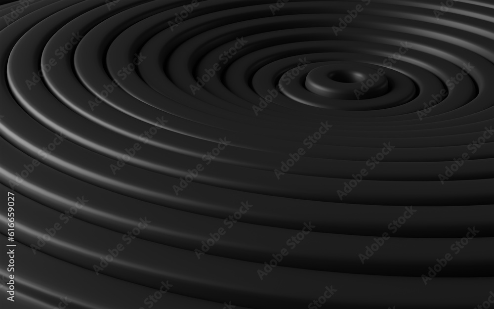 Black abstract geometric background with rings ripple. 3D rendering Black abstract geometric background with rings ripple. 3D rendering