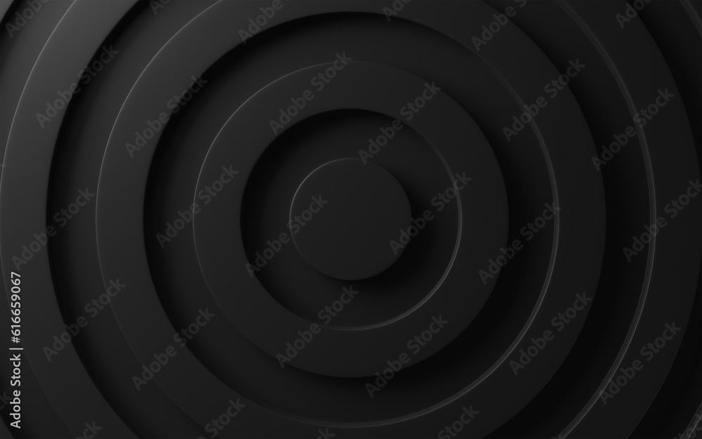 Black abstract geometric background with rings ripple. 3D rendering Black abstract geometric background with rings ripple. 3D rendering