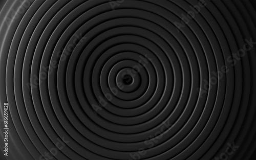 Black abstract geometric background with rings ripple. 3D rendering