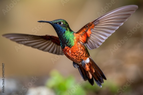 hummingbird in flight, its wings fluttering rapidly, created with generative ai