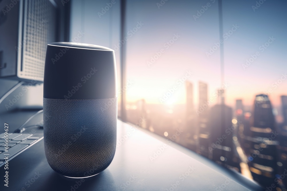 close-up of virtual assistant's smart speaker, with view of busy office in the background, created with generative ai close-up of virtual assistant's smart speaker, with view of busy office in the background, created with generative ai