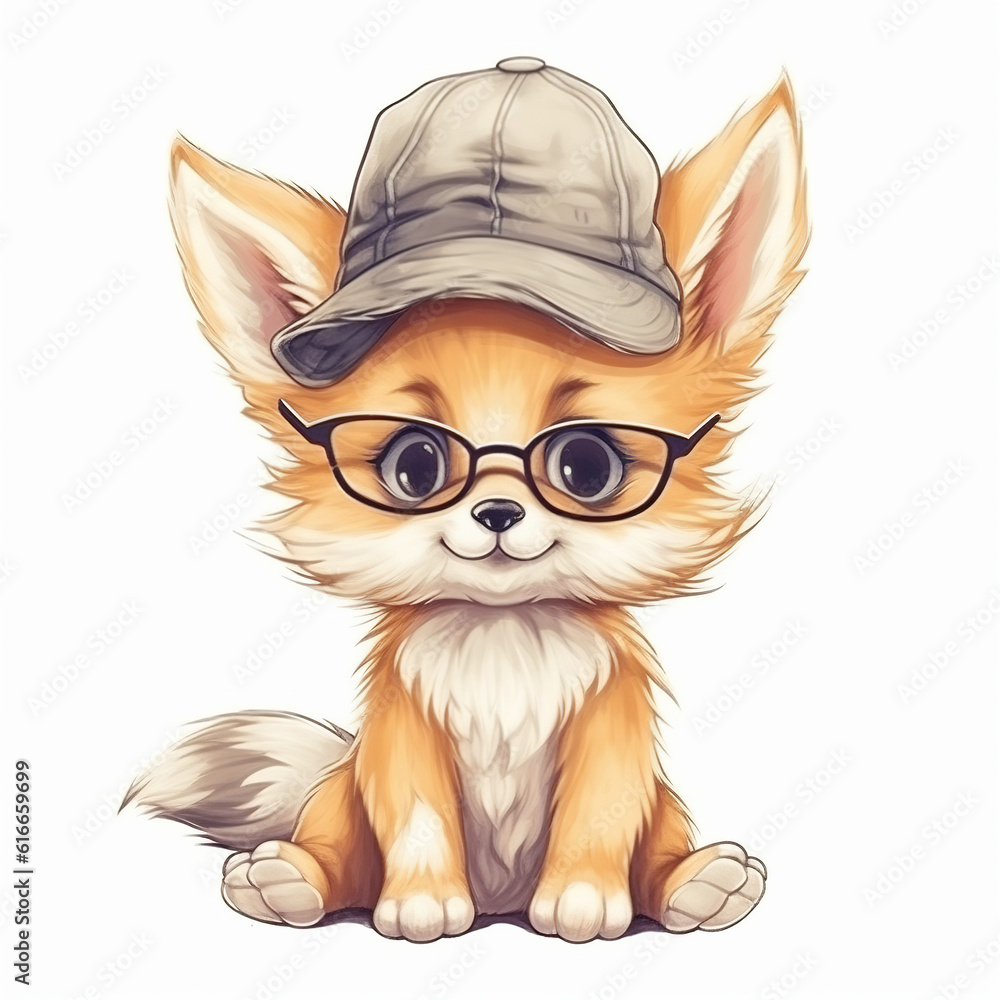 Portrait of fox in a hat and with glasses on a white background. Hipster illustration
