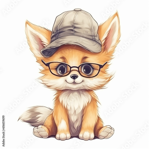 Portrait of fox in a hat and with glasses on a white background. Hipster illustration