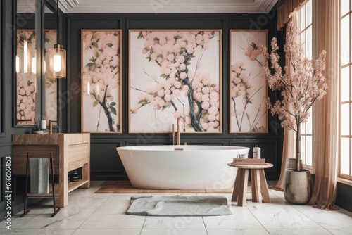 a luxurious bathroom  with wall art and decorations of cherry blossoms and green leaves  created with generative ai