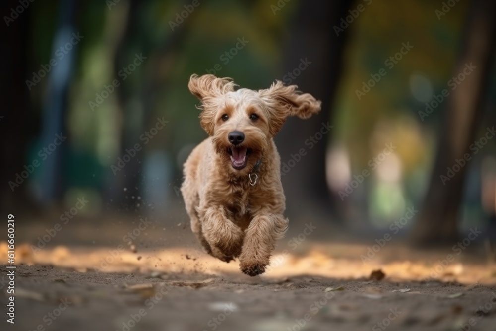 playful puppy running and jumping in the park, created with generative ai