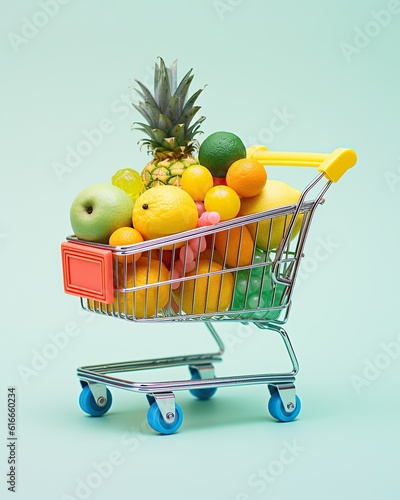 A vibrant, healthy assortment of citrus fruits, superfoods, and other fresh produce in a colorful handcart beckons us to take our diet and nutrition to the next level photo