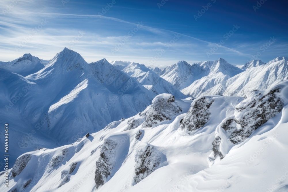majestic mountain range, covered in a blanket of snow, with crystal-clear blue skies, created with generative ai