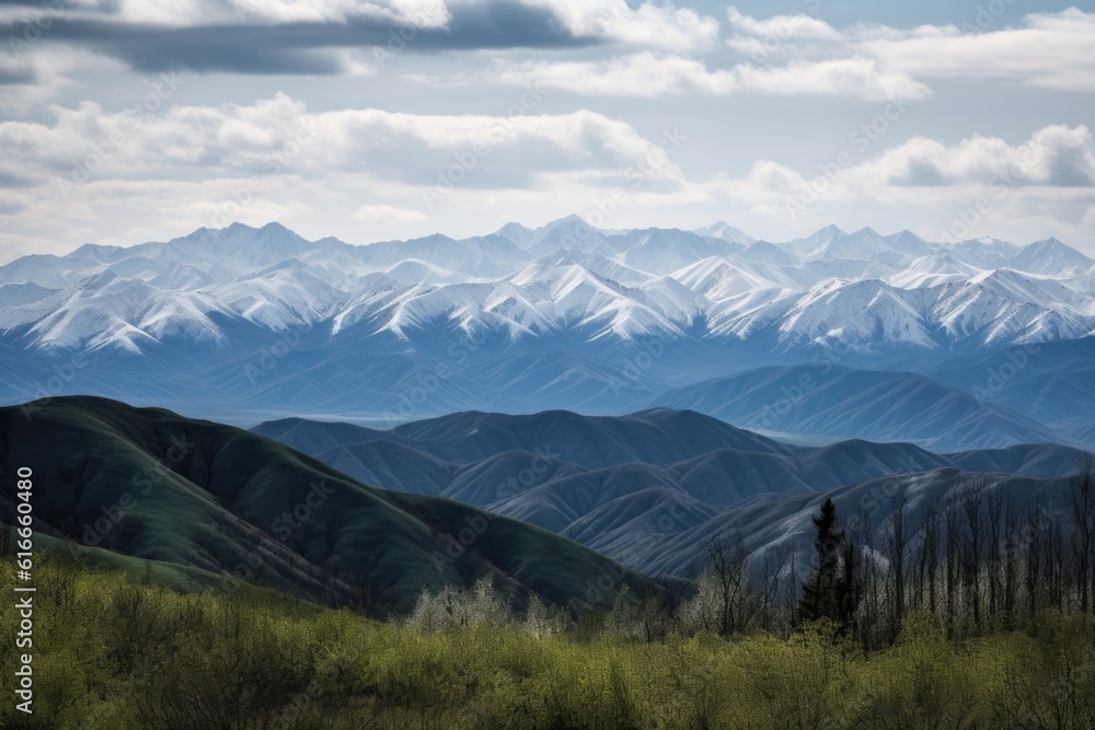 densely forested mountain range, with snow-capped peaks visible on the horizon, created with generative ai