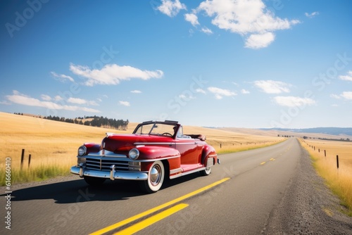 classic convertible, with a warm breeze and blue sky, on scenic road trip, created with generative ai © Natalia