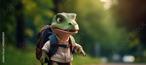 cute dinosaur goes to school with a backpack © Olga