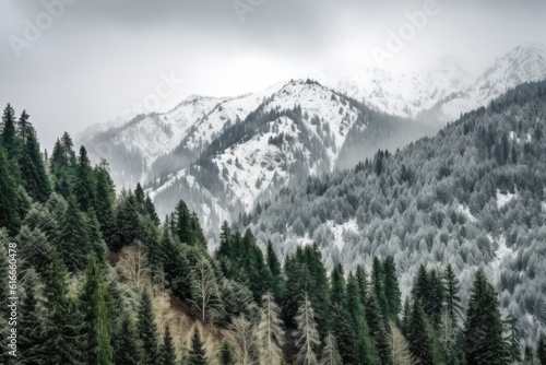majestic mountain range, covered in snow and dotted with evergreen trees, created with generative ai