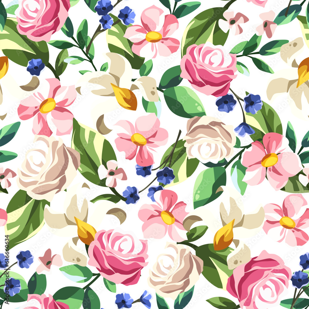 Floral pattern with pink, white, and blue flowers and green leaves on a white background. Seamless colorful floral print. Vector illustration Floral pattern with pink, white, and blue flowers and green leaves on a white background. Seamless colorful floral print. Vector illustration