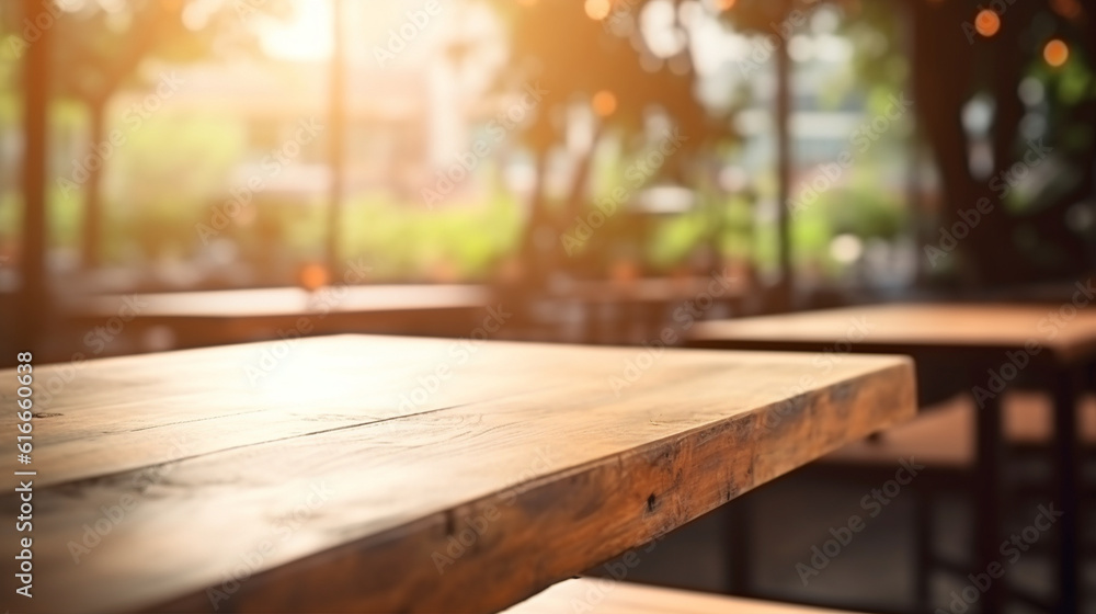 Ai generated empty rustic bar restaurant wooden table space platform with defocused blurry pub interior sunny weather autumn summer spring warm cozy house with panoramic city windows. Ai generated empty rustic bar restaurant wooden table space platform with defocused blurry pub interior sunny weather autumn summer spring warm cozy house with panoramic city windows.