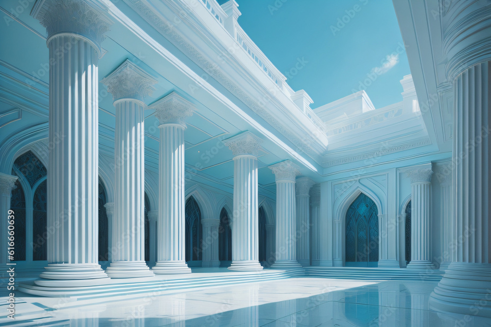 Fototapeta premium Beautiful airy widescreen minimalistic white and light blue architectural background banner with tilted columns. AI generated.