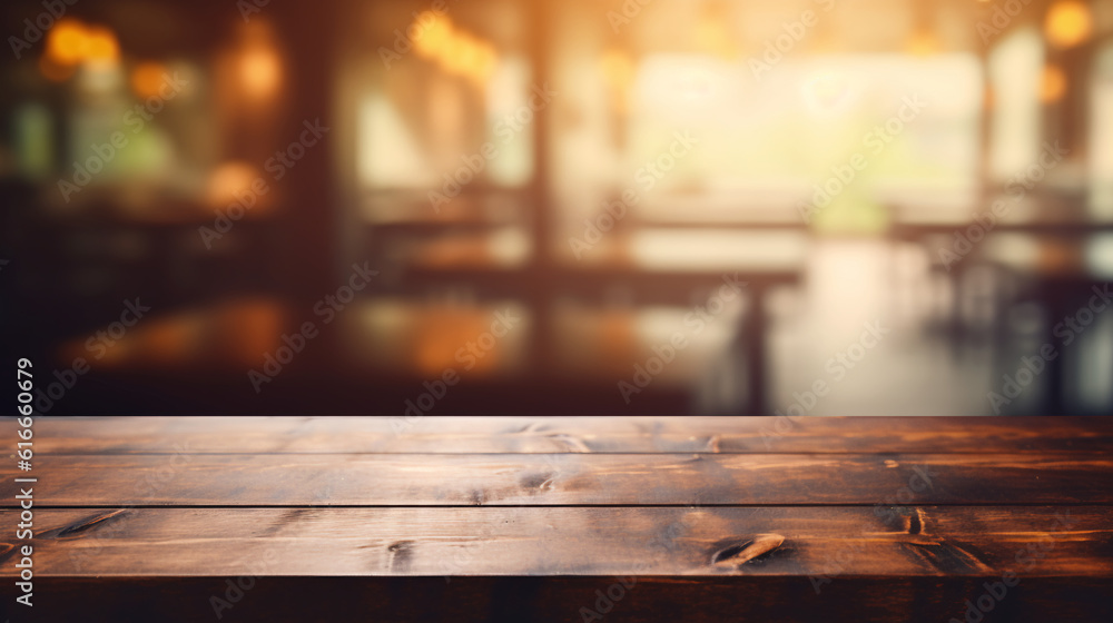 Ai generated empty rustic bar restaurant wooden table space platform with defocused blurry pub interior sunny weather autumn summer spring warm cozy house with panoramic city windows. Ai generated empty rustic bar restaurant wooden table space platform with defocused blurry pub interior sunny weather autumn summer spring warm cozy house with panoramic city windows.
