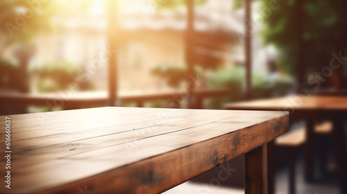 Ai generated empty rustic bar restaurant wooden table space platform with defocused blurry pub interior sunny weather autumn summer spring warm cozy house with panoramic city windows.