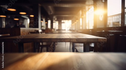 Empty rustic bar restaurant wooden table space platform with defocused blurry pub interior sunny weather autumn summer spring warm cozy house with panoramic city windows.