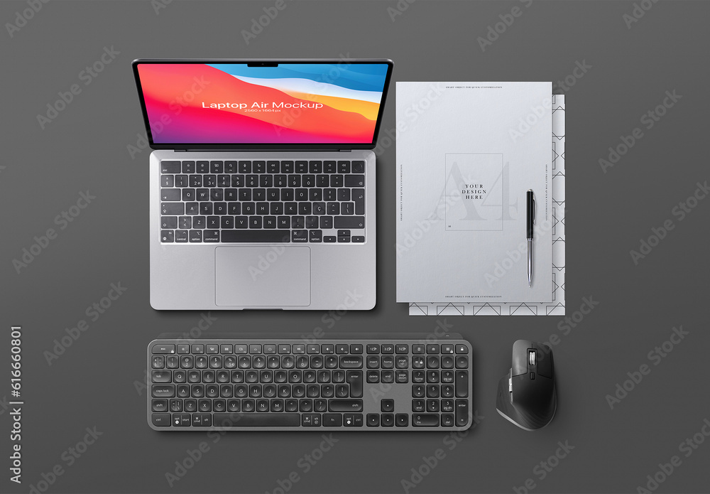Laptop Air Mockup Keyboard Mouse A4 Flyer Scene Stock Template | Adobe ...