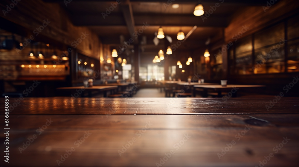 Ai generated empty rustic bar restaurant wooden table space platform with defocused  blurry pub interior sunny weather autumn summer spring warm cozy house with panoramic city windows.