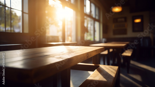 Ai generated empty rustic bar restaurant wooden table space platform with defocused blurry pub interior sunny weather autumn summer spring warm cozy house with panoramic city windows.