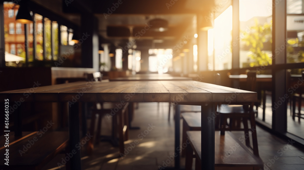 Ai generated horizontal empty rustic bar restaurant wooden table space platform with defocused  blurry pub interior sunny weather autumn summer spring warm cozy house with panoramic city windows.
