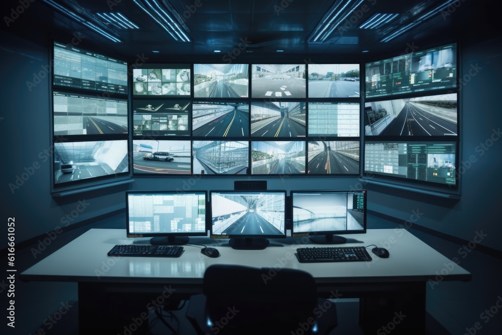 Naklejka premium security camera system with multiple cameras and screens, displaying different views of a location, created with generative ai