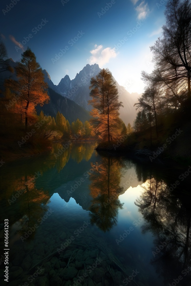 Tranquil lake surrounded by towering mountains Tranquil lake surrounded by towering mountains