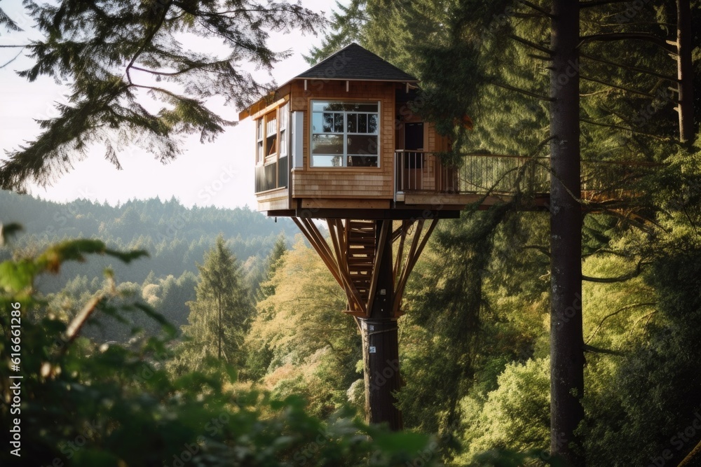 tiny house perched atop towering tree, with a view of the forest below, created with generative ai