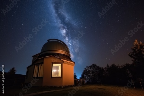 astronomical observatory, with telescope peering through window into the night sky, created with generative ai