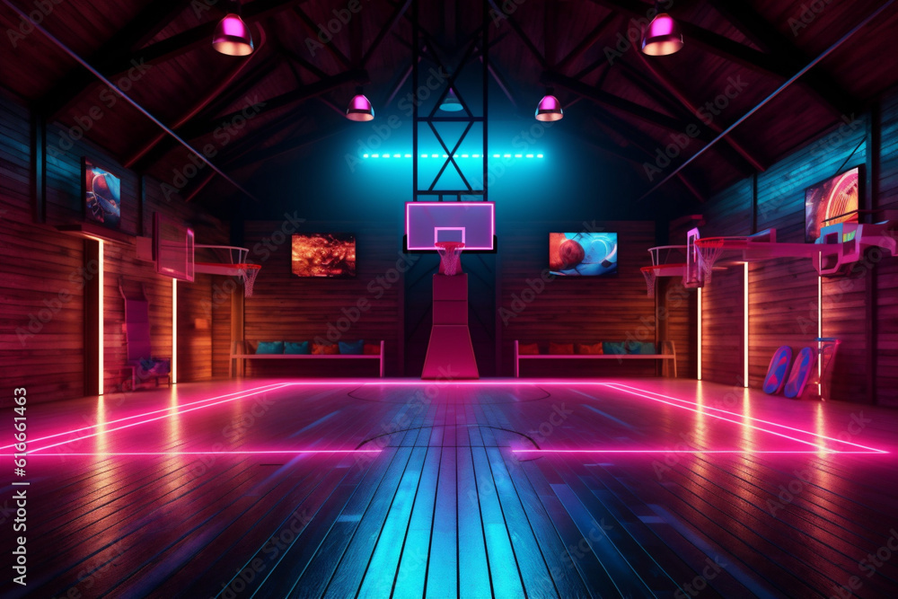 arena corridor perspective empty neon basketball background indoor hall virtual game interior. Generative AI.