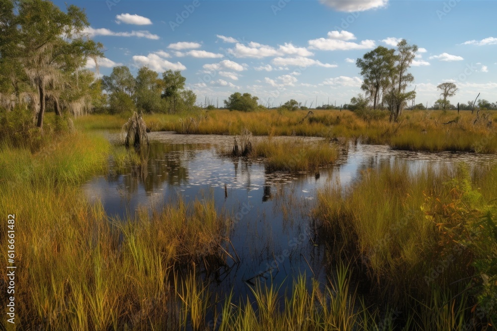 marsh with abundant wildlife, including frogs and birds, created with generative ai