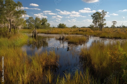 marsh with abundant wildlife  including frogs and birds  created with generative ai