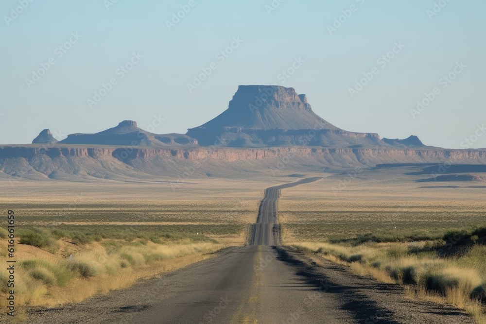 road trip through the heart of the american desert, with towering buttes and mesas in the background, created with generative ai