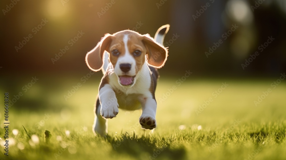 Beagle puppy running on grass lawn with shining sunlight in the background