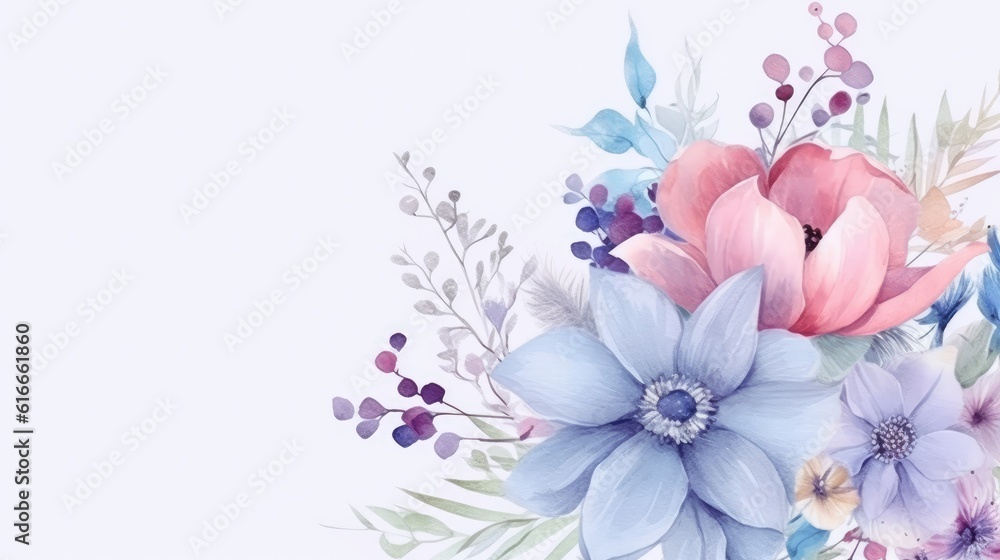 Decorative wedding card with pastel blooming flowers