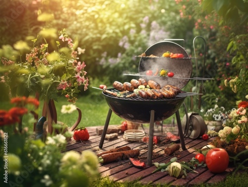 Cartoon-style barbecue in nature with smoking meat on grill grate
