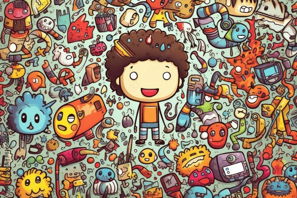 Obraz premium Kawaii doodle monsters, city, cat, robot for child coloring books, Generative AI