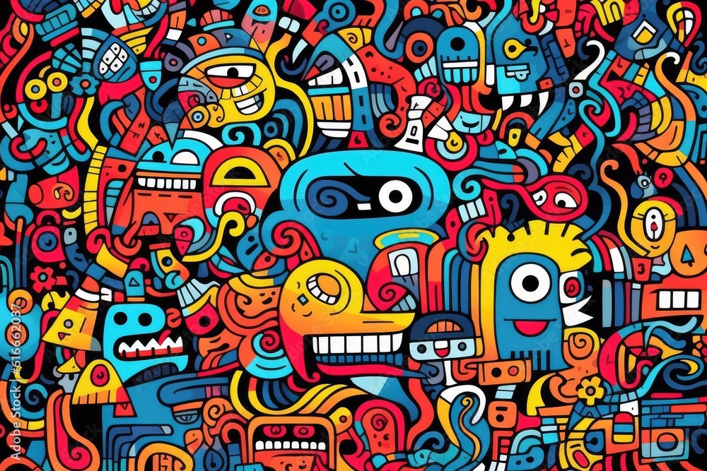 Kawaii doodle monsters, city, cat, robot for child coloring books, Generative AI