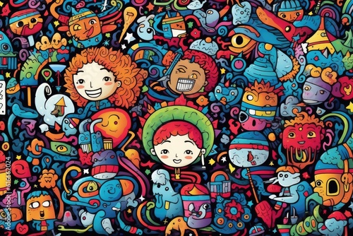 Kawaii doodle monsters, city, cat, robot for child coloring books, Generative AI