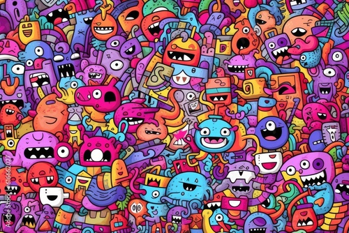 Kawaii doodle monsters, city, cat, robot for child coloring books, Generative AI © tonstock