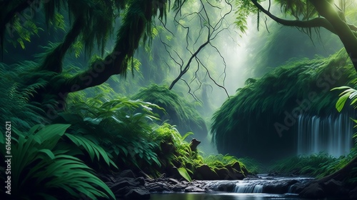 Beautiful tropical waterfall in jungle. 3D rendering. Computer digital drawing. tree  rock  stone  trees  park  travel  natural  rain  spring  fresh  outdoor