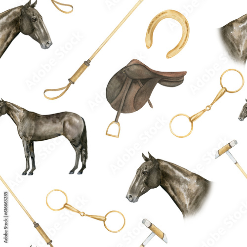 Tableau sur toile Seamless minimalistic pattern with hand drawn watercolor illustrations of golden horseshoes and snaffles, horse polo sticks, horse portrairs, saddles, isolated
