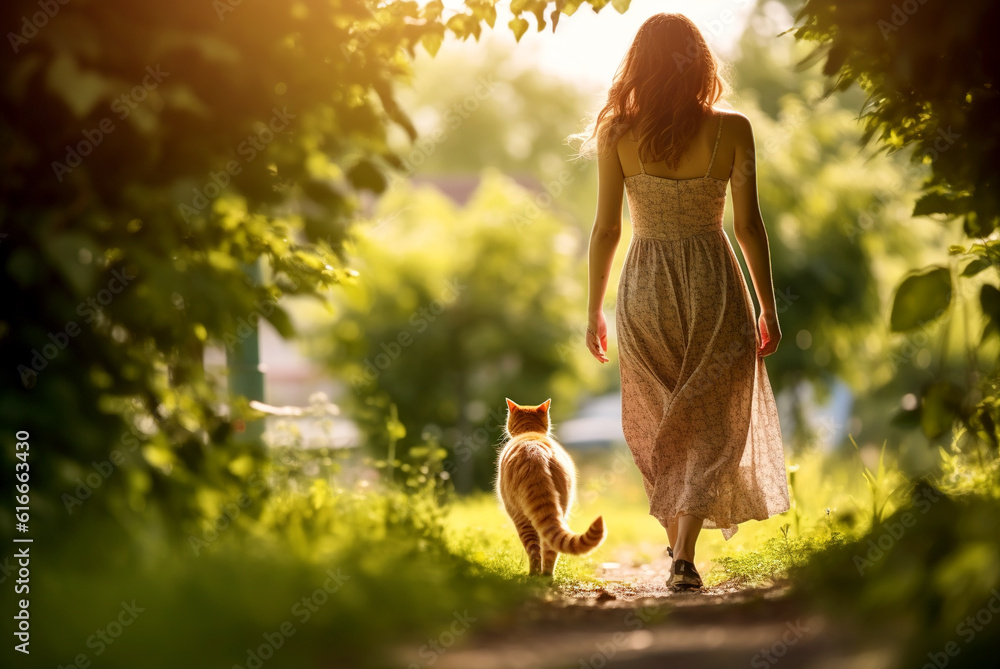 A tabby cat walks next to a woman on the sidewalk. Walk with a domestic cat in the fresh air. - obrazy, fototapety, plakaty 