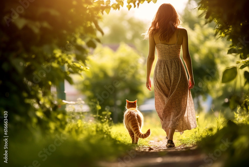 A tabby cat walks next to a woman on the sidewalk. Walk with a domestic cat in the fresh air.