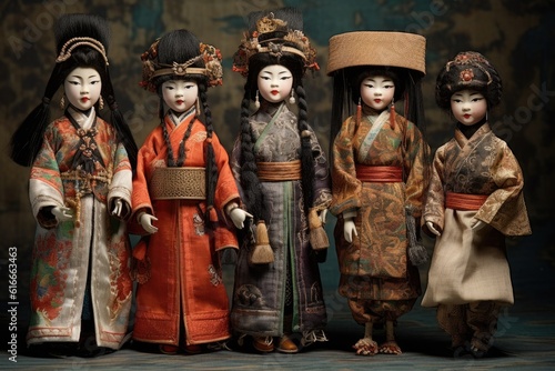 antique dolls dressed in traditional cultural outfits, created with generative ai