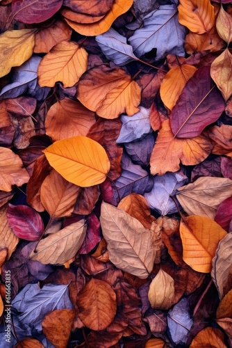 close-up of vibrant autumn leaves on ground, created with generative ai